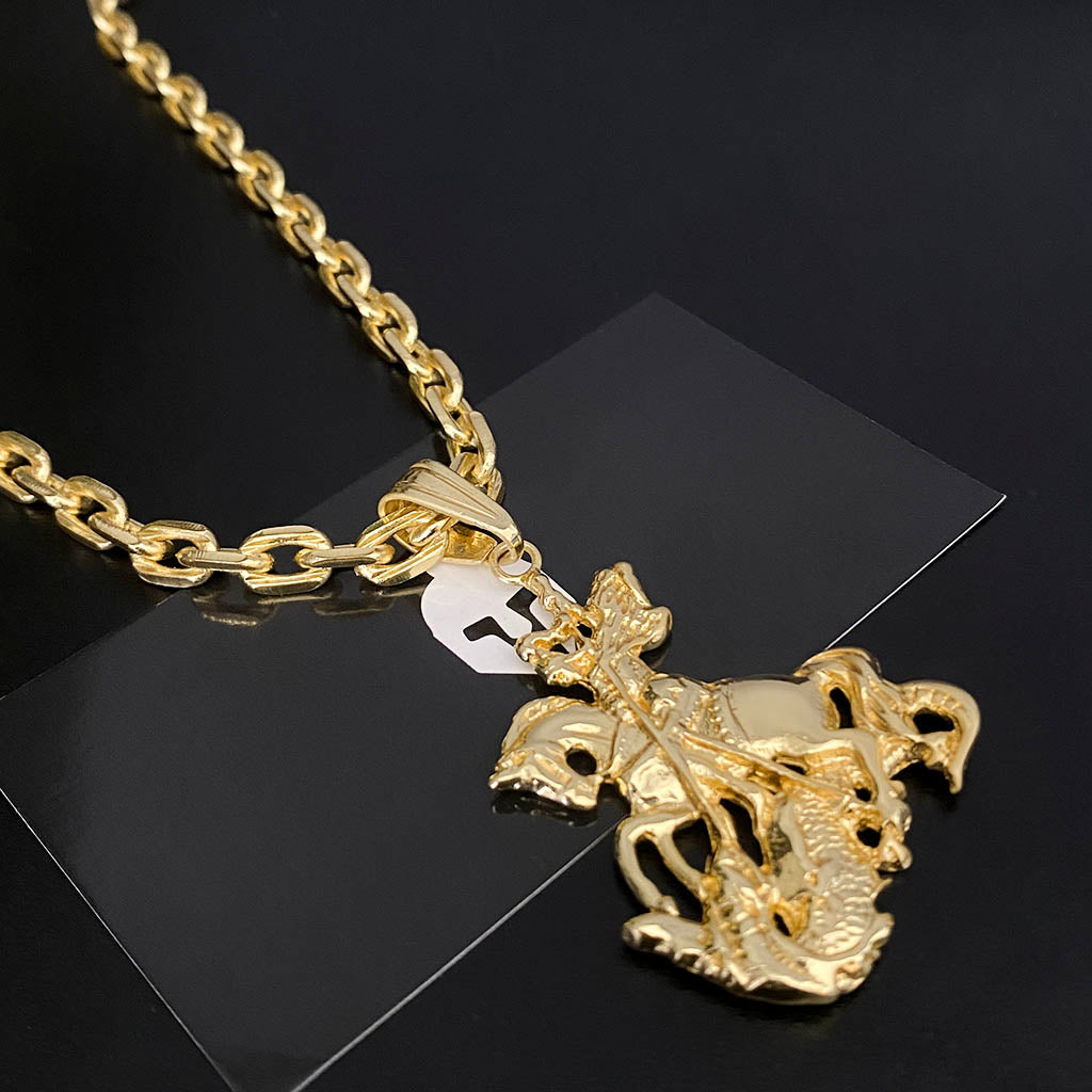 Corrente Cadeado 6mm e Pingente São Jorge 3D Banhado a Ouro 18K