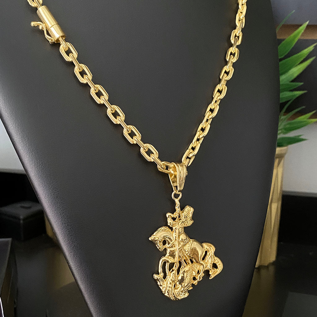 Corrente Cadeado 6mm e Pingente São Jorge 3D Banhado a Ouro 18K