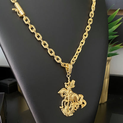 Corrente Cadeado 6mm e Pingente São Jorge 3D Banhado a Ouro 18K
