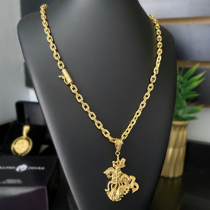 Corrente Cadeado 6mm e Pingente São Jorge 3D Banhado a Ouro 18K