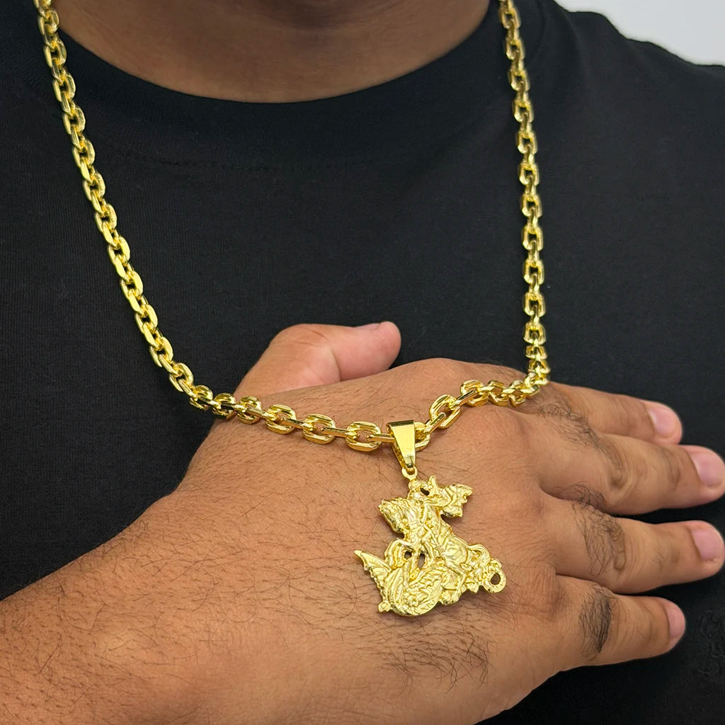 Corrente Cadeado 6mm e Pingente São Jorge 3D Banhado a Ouro 18K