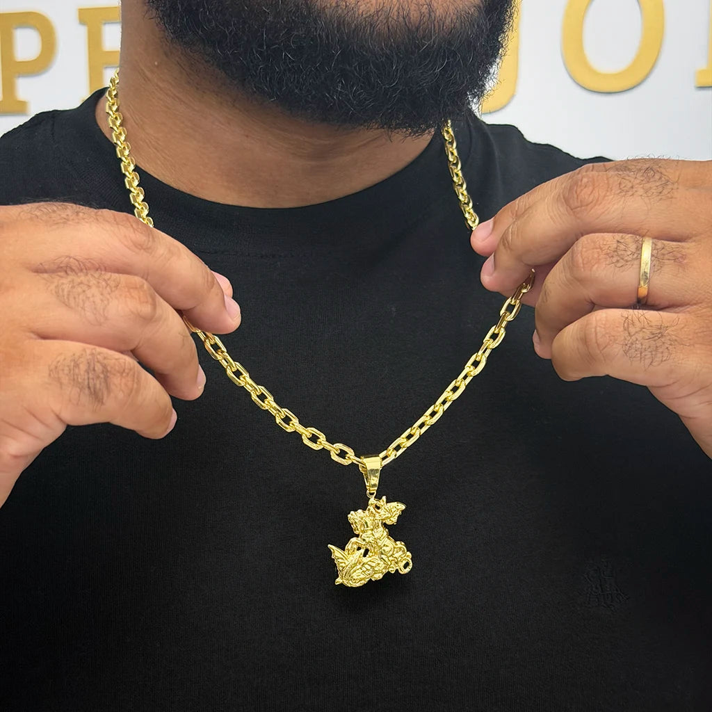 Corrente Cadeado 6mm e Pingente São Jorge 3D Banhado a Ouro 18K