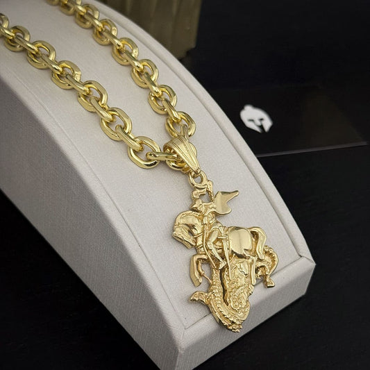 Corrente Cadeado 8mm e Pingente São Jorge 3D Banhado a Ouro 18K