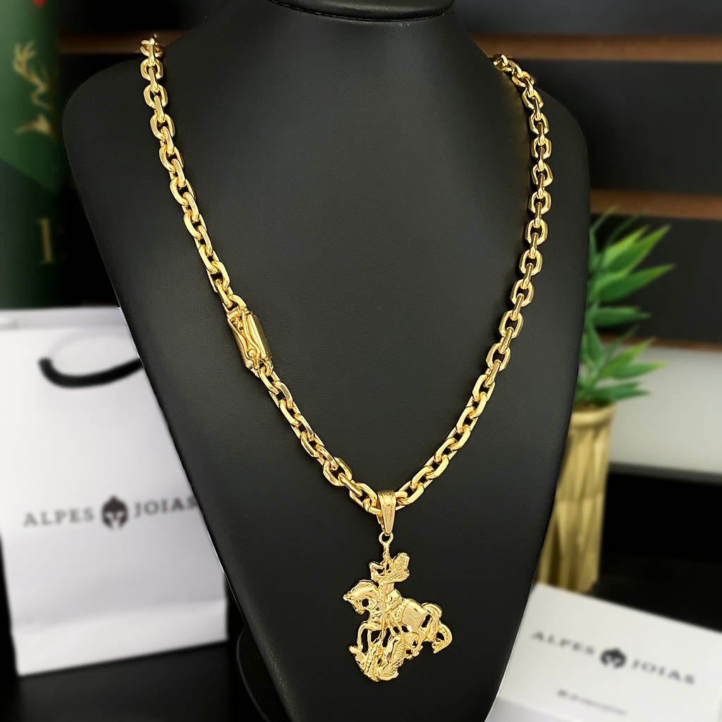 Corrente Cadeado 8mm e Pingente São Jorge 3D Banhado a Ouro 18K
