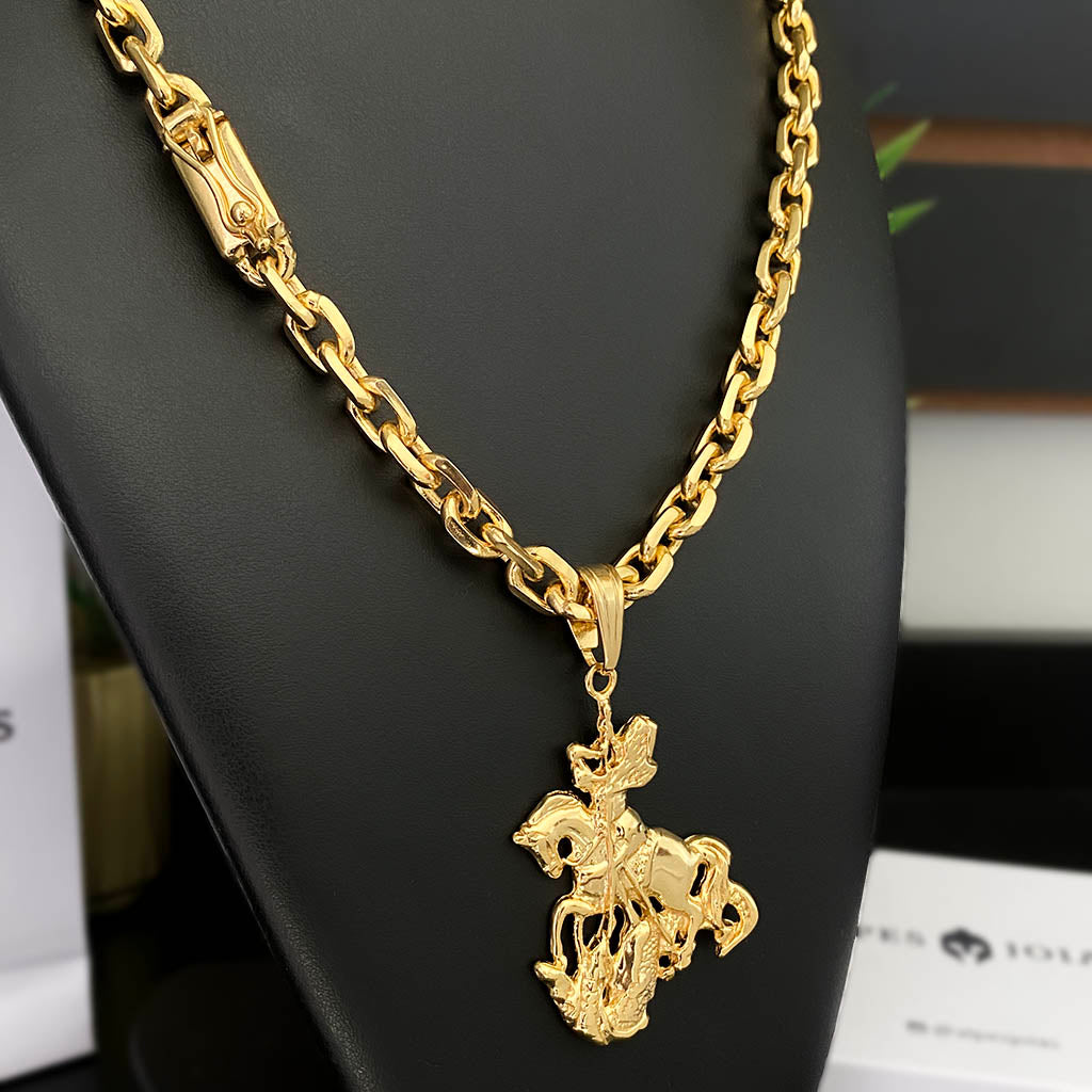 Corrente Cadeado 8mm e Pingente São Jorge 3D Banhado a Ouro 18K