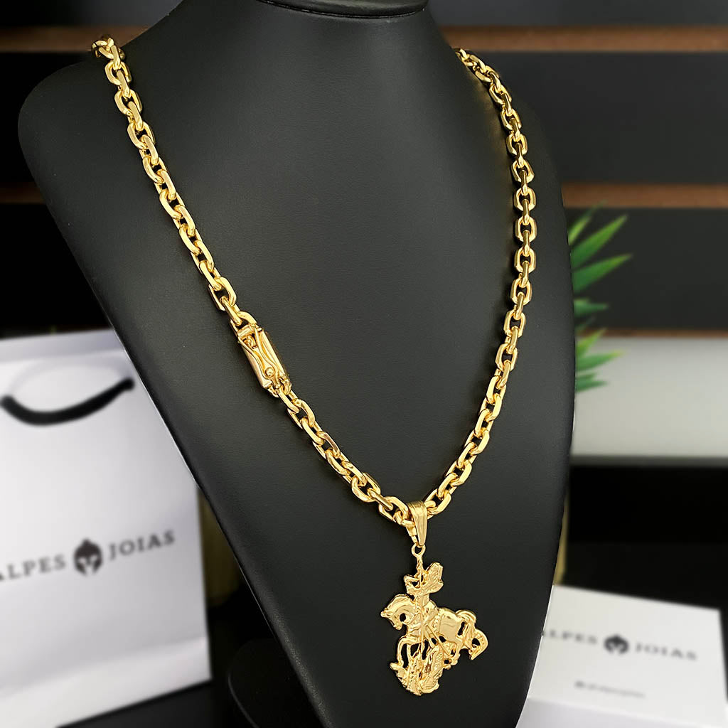 Corrente Cadeado 8mm e Pingente São Jorge 3D Banhado a Ouro 18K