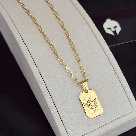 Corrente Cadeado Alongado 3mm e Pingente Espirito Santo Banhado a Ouro 18K