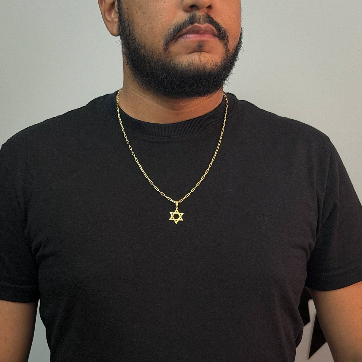 Corrente Carrier Alongada 2mm Pingente Estrela de Davi Banhado a Ouro 18K