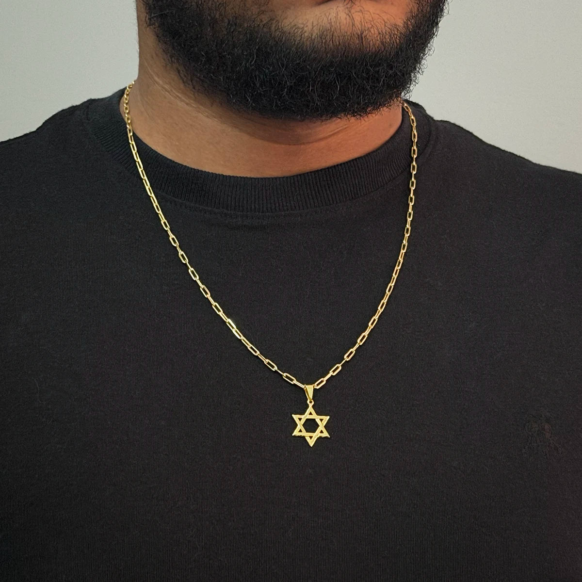 Corrente Carrier Alongada 2mm Pingente Estrela de Davi Banhado a Ouro 18K