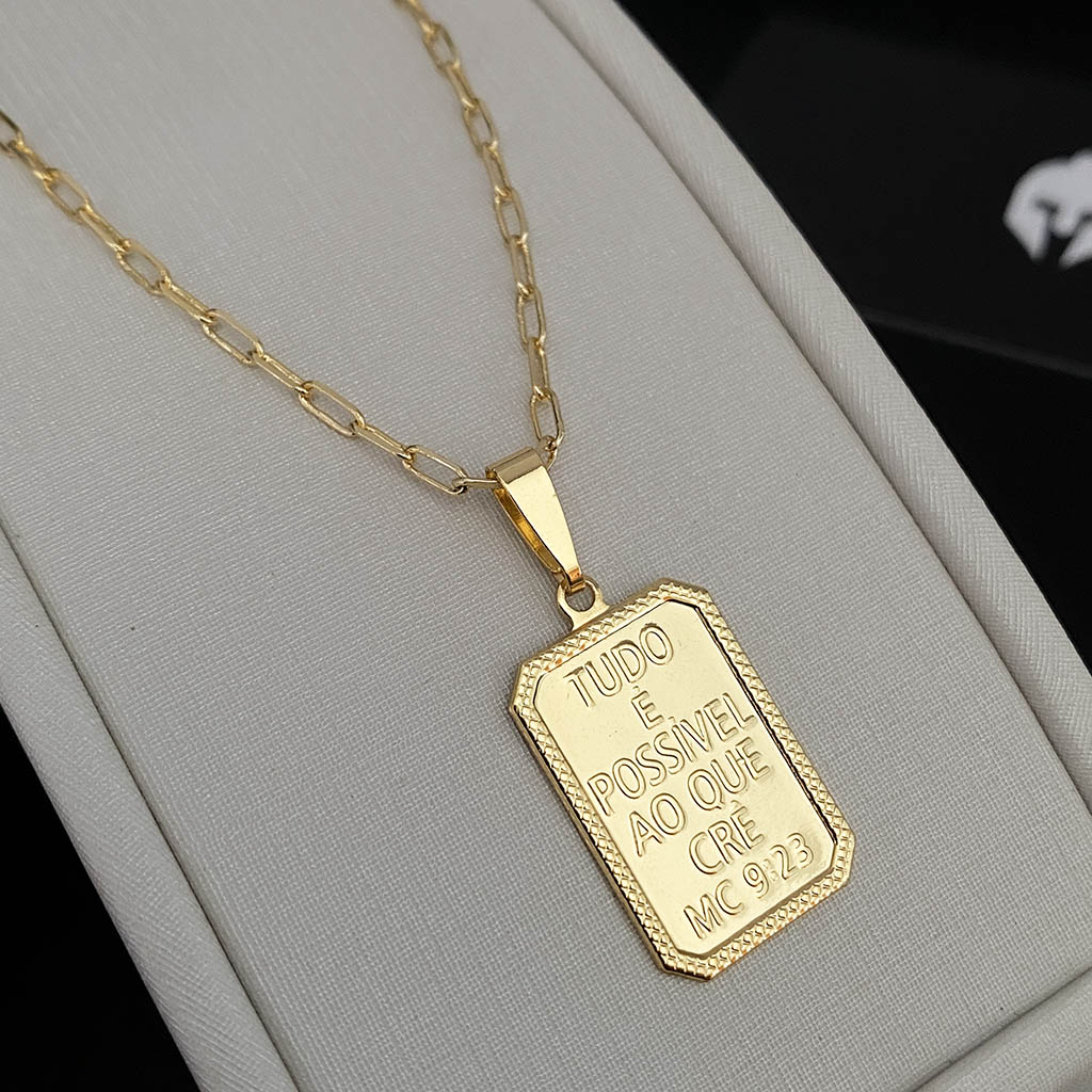 Corrente Cartie 2mm e Pingente Tudo é Possível Banhado a Ouro 18K