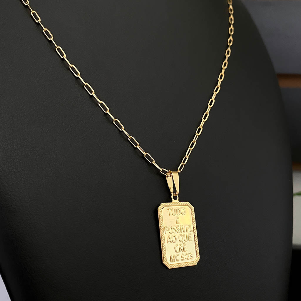 Corrente Cartie 2mm e Pingente Tudo é Possível Banhado a Ouro 18K