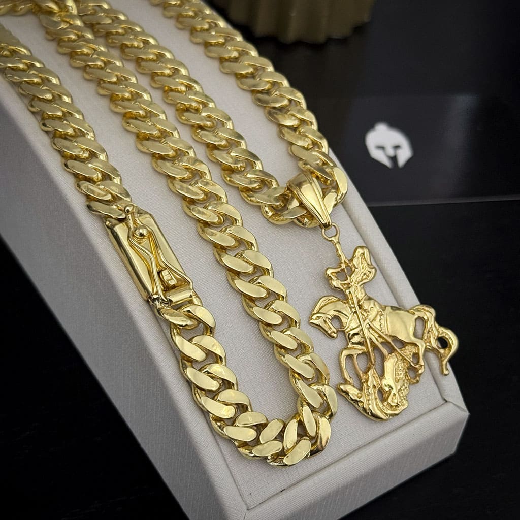 Corrente Cubana 8mm e Pingente São Jorge Banhado a Ouro 18K
