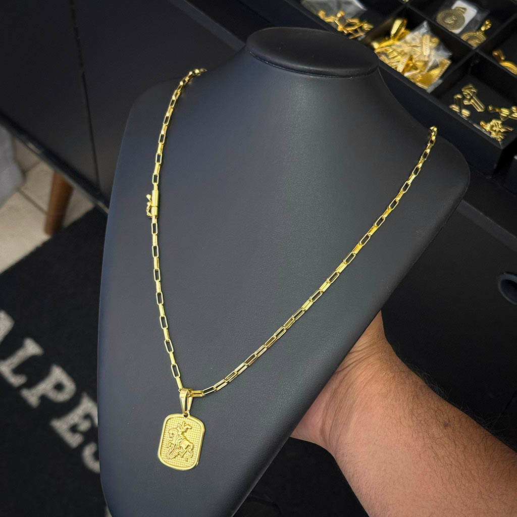 Corrente Elo Alongado 4mm e Pingente Placa São Jorge Banhado a Ouro 18K