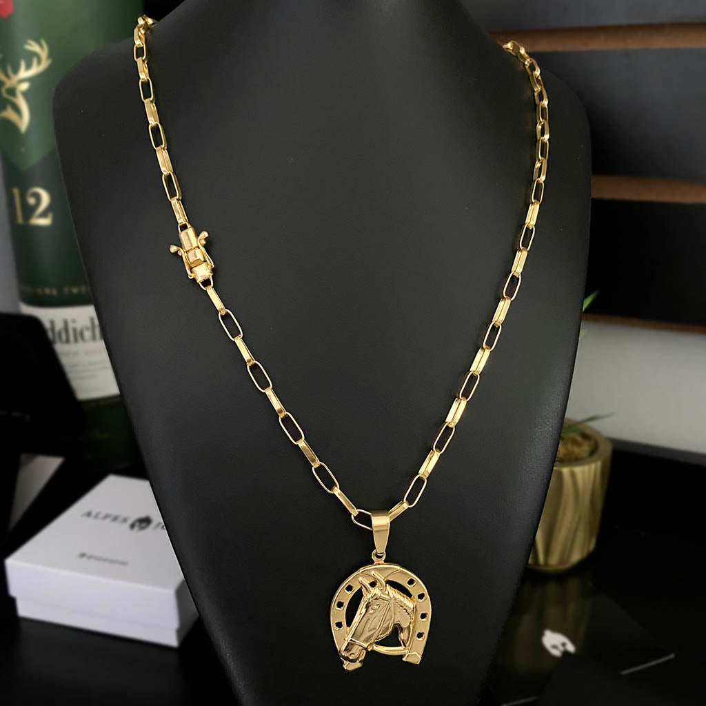 Kit Corrente e Pulseira Elo Alongado 5mm e Pingente Cavalo Ferradura Banhado a Ouro 18K