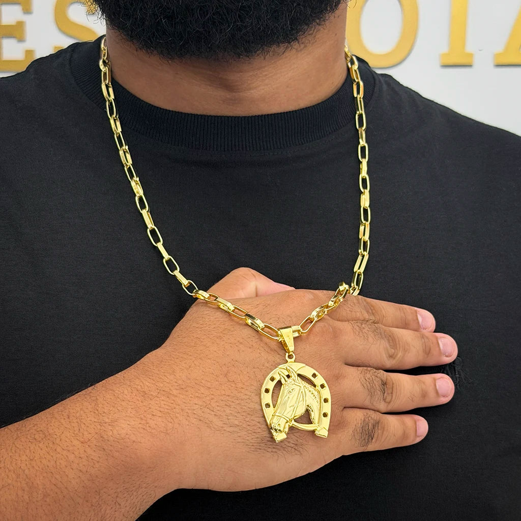 Corrente Elo Alongado 5mm e Pingente Cavalo Ferradura Banhado a Ouro 18K