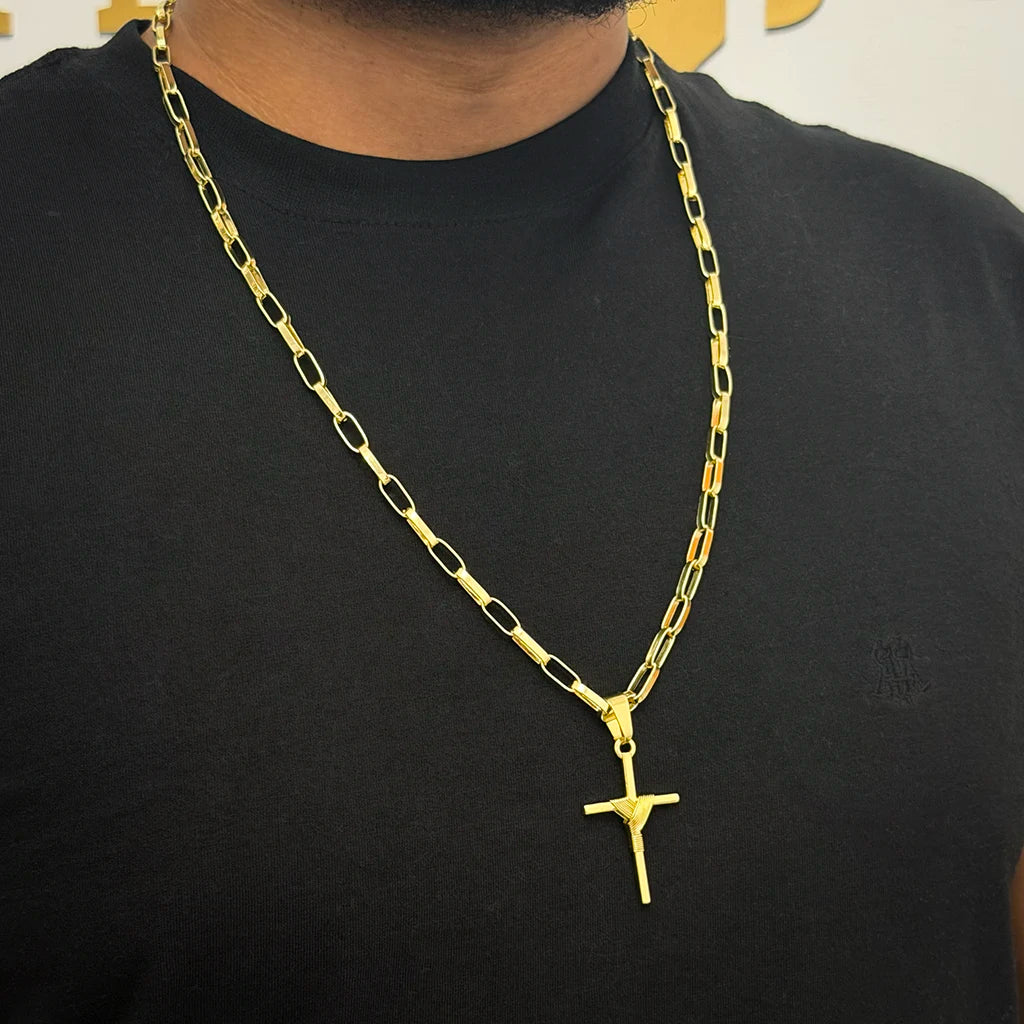 Corrente Elo Alongado 5mm e Pingente Cruz Amarrada Banhado a Ouro 18K