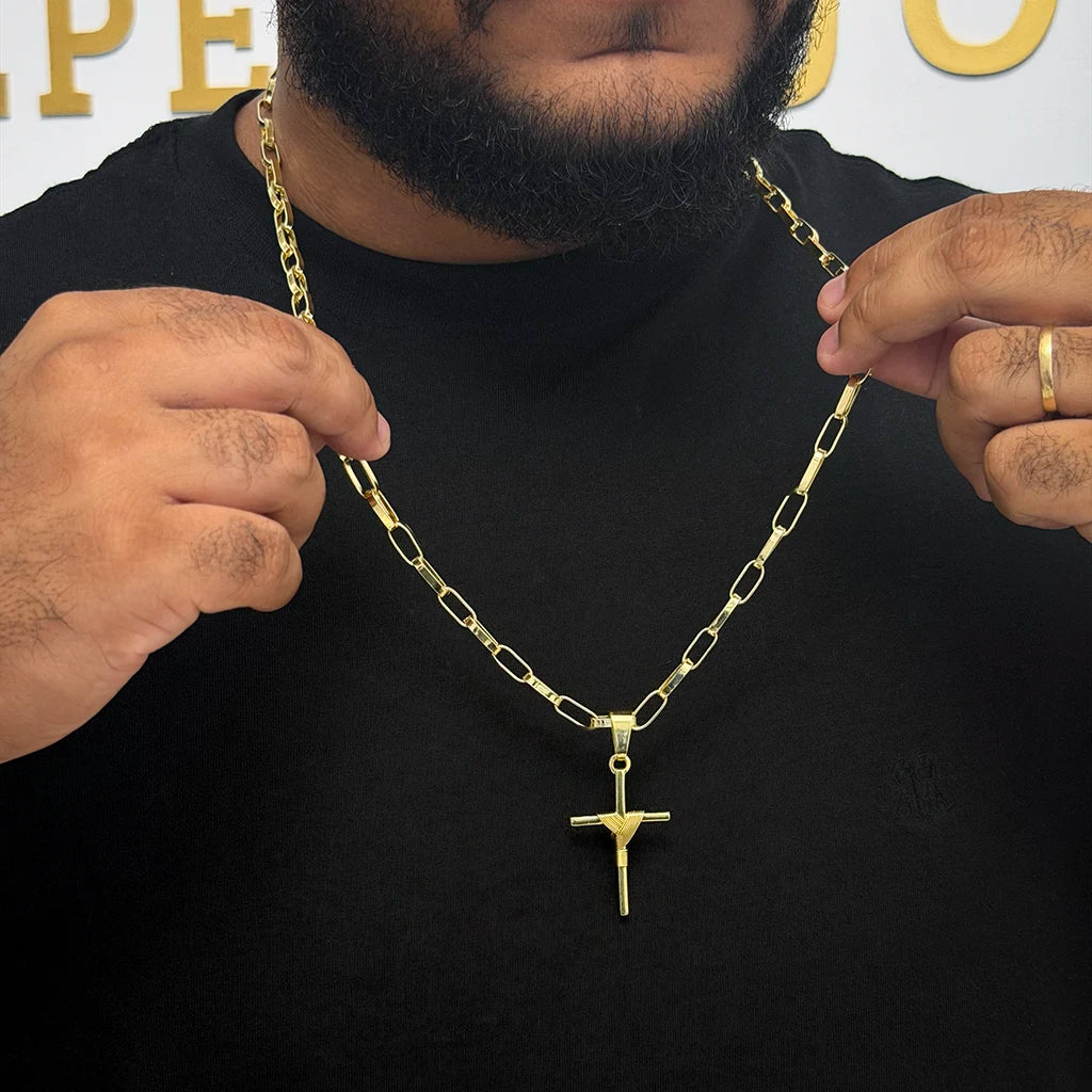 Corrente Elo Alongado 5mm e Pingente Cruz Amarrada Banhado a Ouro 18K