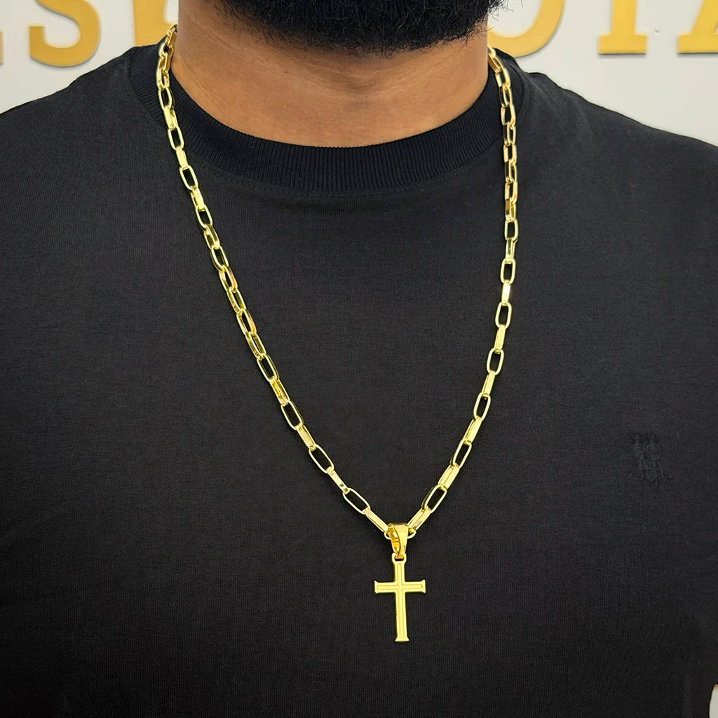 Corrente Elo Alongado 5mm e Pingente Cruz Banhado a Ouro 18K