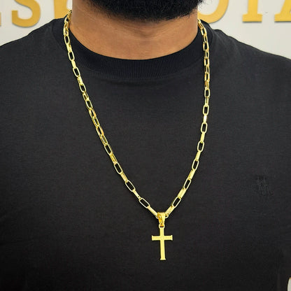 Corrente Elo Alongado 5mm e Pingente Cruz Banhado a Ouro 18K