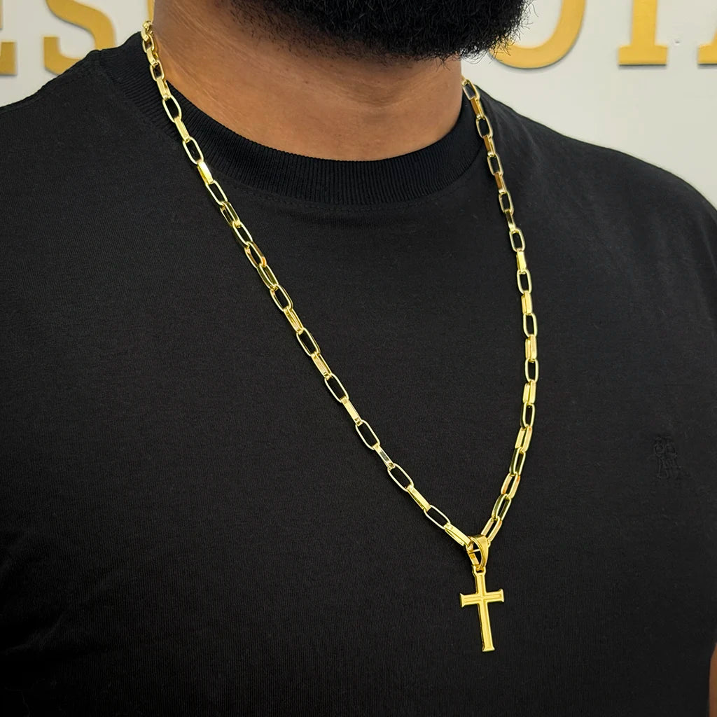 Corrente Elo Alongado 5mm e Pingente Cruz Banhado a Ouro 18K