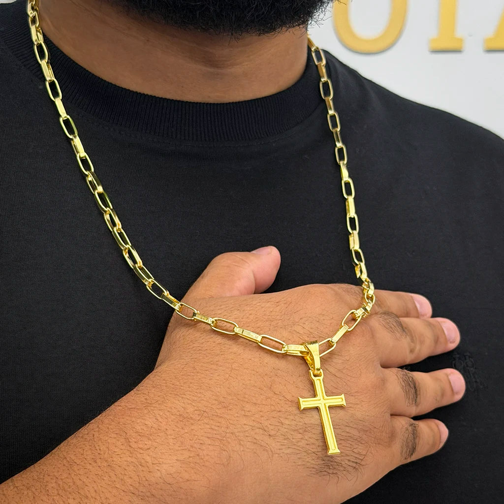 Corrente Elo Alongado 5mm e Pingente Cruz Banhado a Ouro 18K
