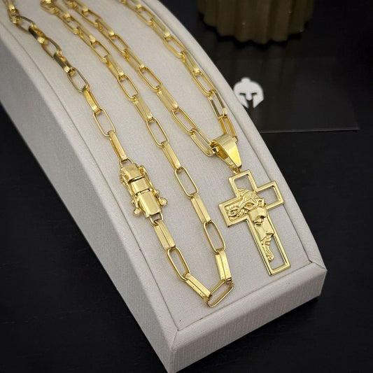 Corrente Elo Alongado 5mm e Pingente Cruz Rosto de Cristo Vazada Banhado a Ouro 18K