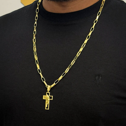 Corrente Elo Alongado 5mm e Pingente Cruz Rosto de Cristo Vazada Banhado a Ouro 18K
