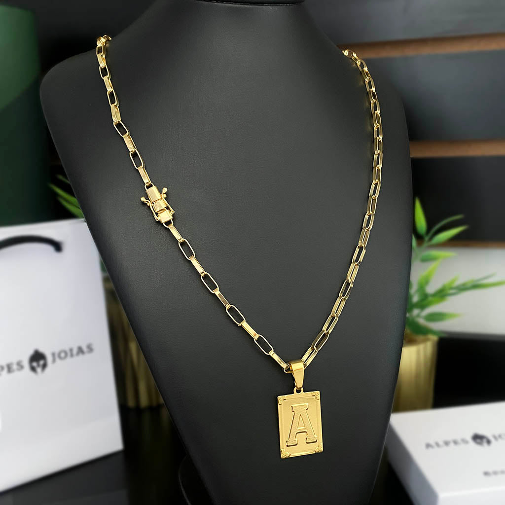 Kit Corrente e Pulseira Elo Alongado 5mm e Pingente Letra Banhado a Ouro 18K