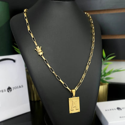 Kit Corrente e Pulseira Elo Alongado 5mm e Pingente Letra Banhado a Ouro 18K