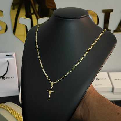 Corrente Figáro 3x1 2mm e Pingente Cruz Palito Amarrada Banhado a Ouro 18K