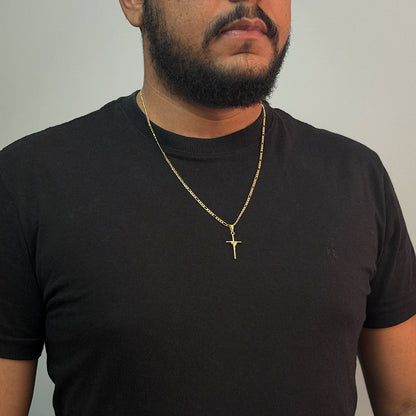 Corrente Figáro 3x1 2mm e Pingente Cruz Palito Amarrada Banhado a Ouro 18K