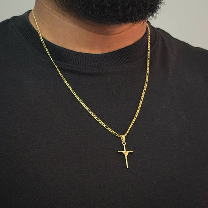 Corrente Figáro 3x1 2mm e Pingente Cruz Palito Amarrada Banhado a Ouro 18K