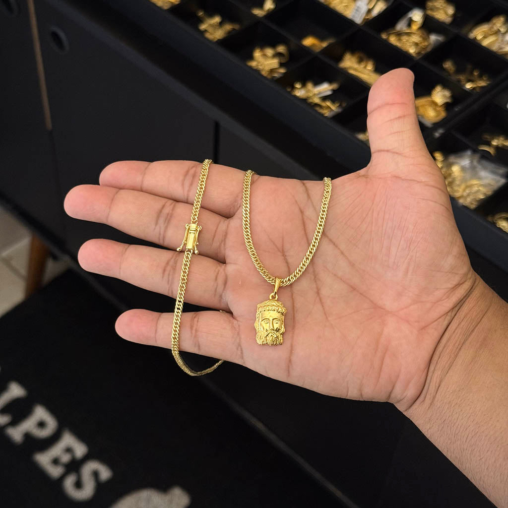 Corrente Grumet 3mm e Pingente Face de Jesus Banhado a Ouro 18K