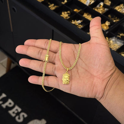 Corrente Grumet 3mm e Pingente Face de Jesus Banhado a Ouro 18K