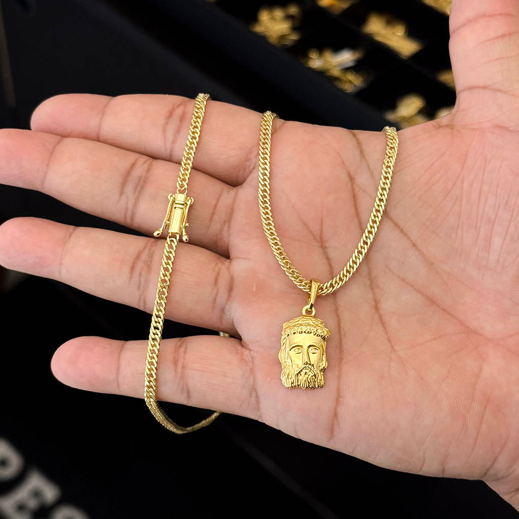 Corrente Grumet 3mm e Pingente Face de Jesus Banhado a Ouro 18K