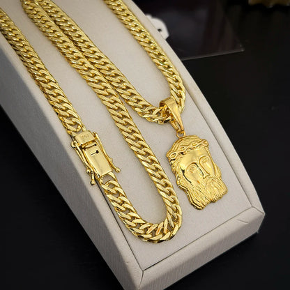 Corrente Grumet 7mm e Pingente Face de Jesus Banhado a Ouro 18K