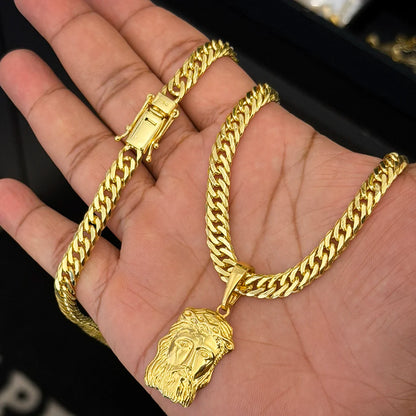 Corrente Grumet 7mm e Pingente Face de Jesus Banhado a Ouro 18K