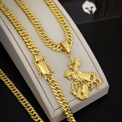 Corrente Grumet 7mm e Pingente São Jorge 3D Banhado a Ouro 18K