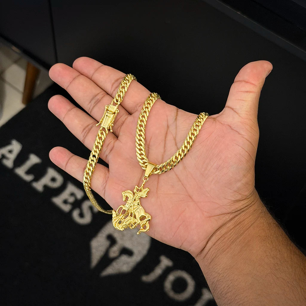 Corrente Grumet 7mm e Pingente São Jorge 3D Banhado a Ouro 18K