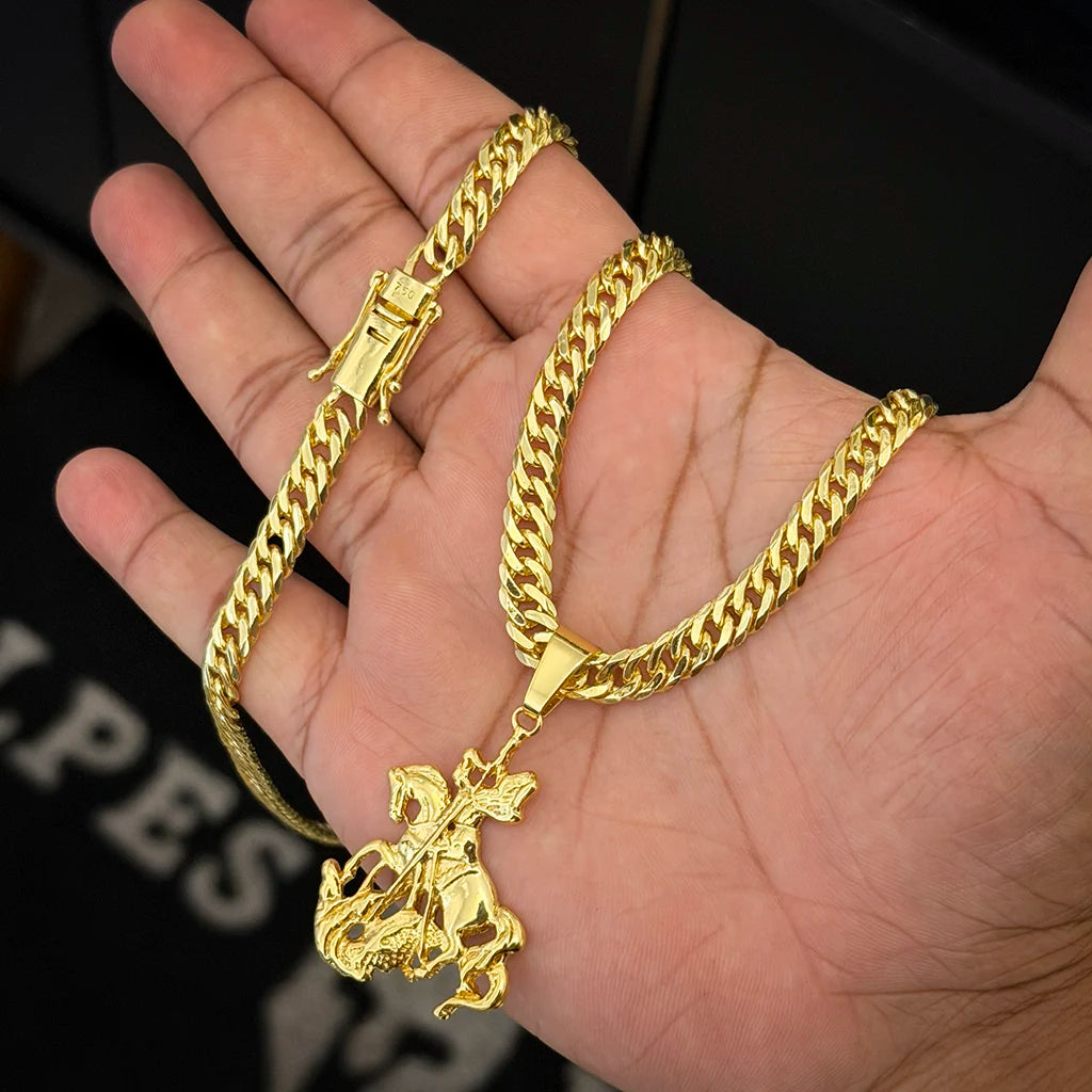 Corrente Grumet 7mm e Pingente São Jorge 3D Banhado a Ouro 18K