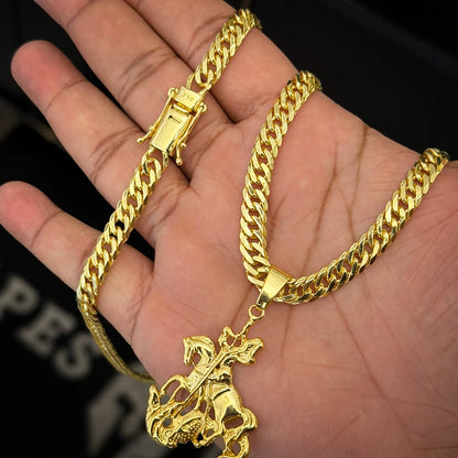 Corrente Grumet 7mm e Pingente São Jorge 3D Banhado a Ouro 18K