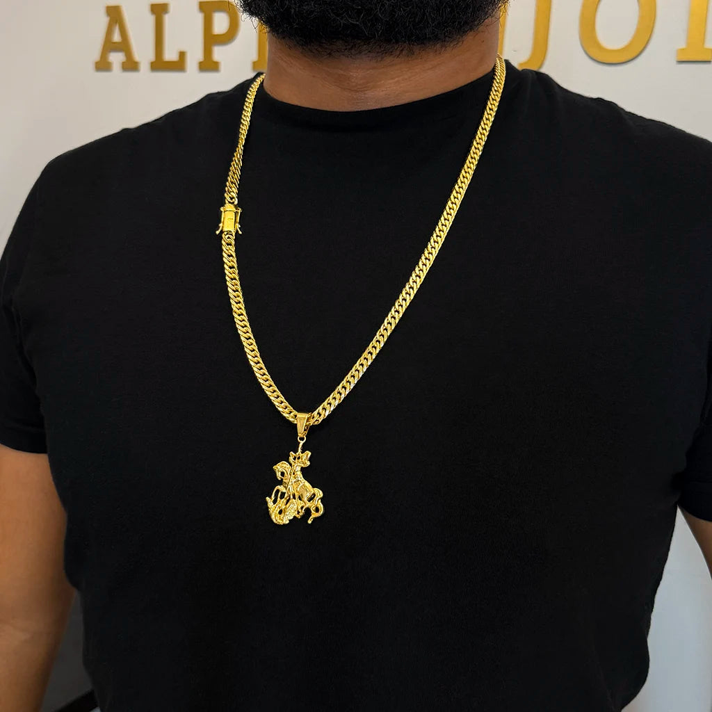 Corrente Grumet 7mm e Pingente São Jorge 3D Banhado a Ouro 18K