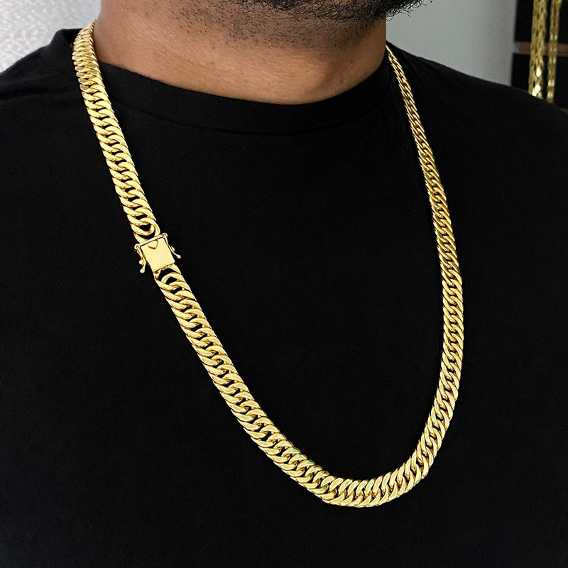 Kit Corrente e Pulseira Maciça 10mm Banhado a Ouro 18K