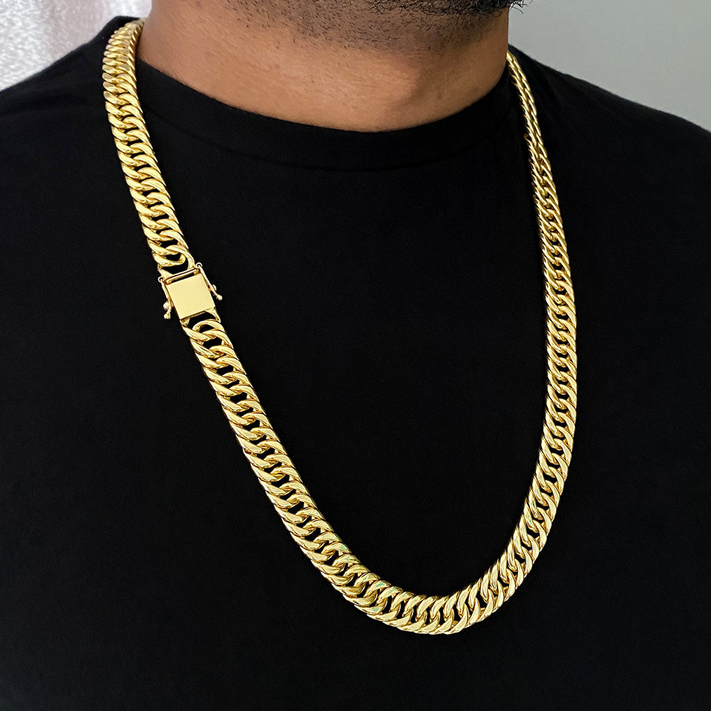 Kit Corrente e Pulseira Maciça 13mm Banhado a Ouro 18K