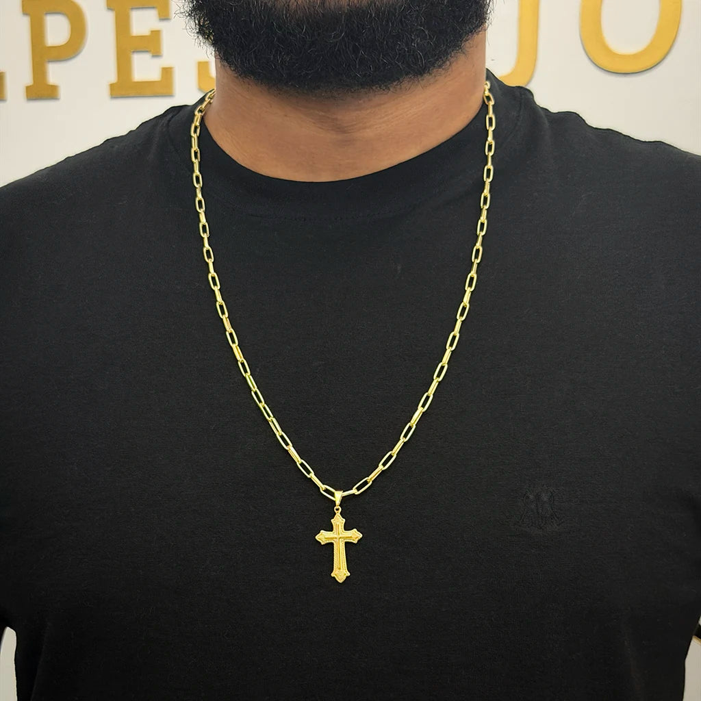 Corrente Meia Cana 4mm e Pingente Cruz Relevo Banhado a Ouro 18K