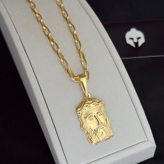 Corrente Meia Cana 4mm e Pingente Face de Cristo Banhado a Ouro 18K