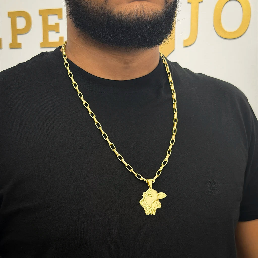 Corrente Meia Cana 6mm e Pingente Boi Nelore Banhado a Ouro 18K
