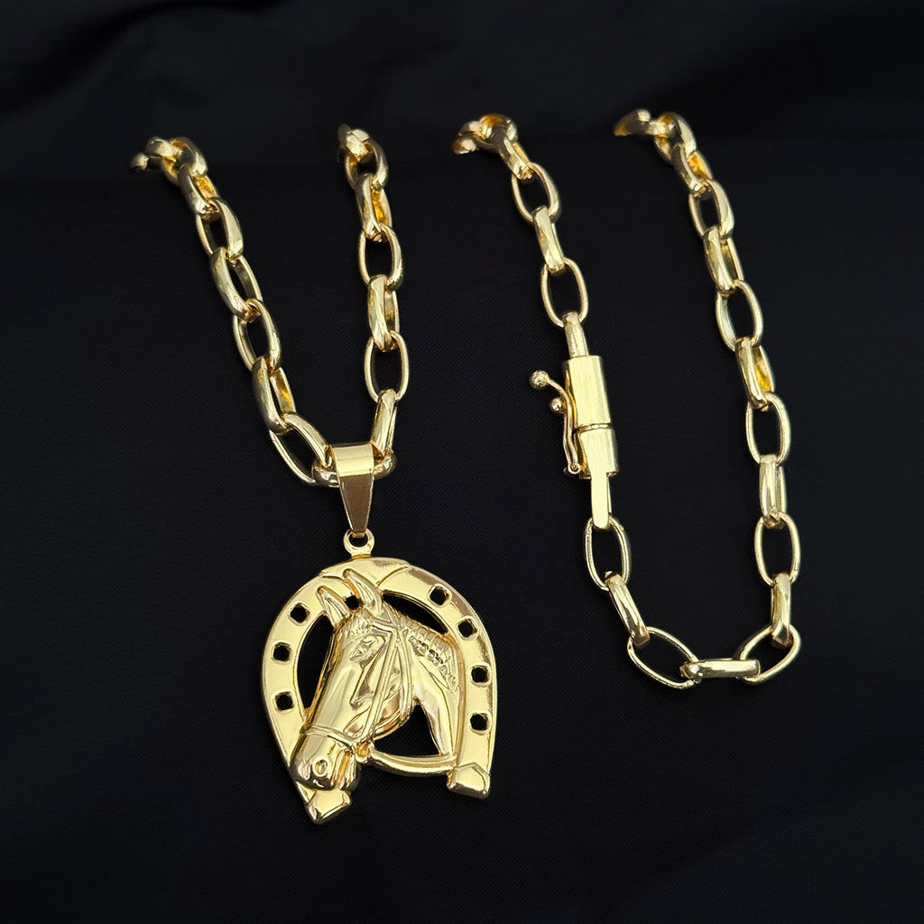 Corrente Meia Cana 6mm e Pingente Cavalo Banhada a Ouro 18K