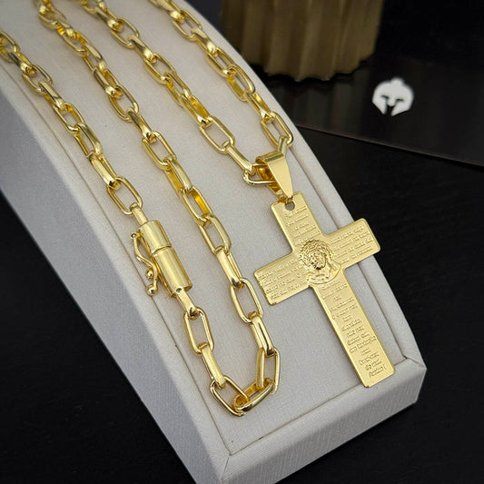 Corrente Meia Cana 6mm e Pingente Crucifixo Oração Pai Nosso Banhado a Ouro 18K