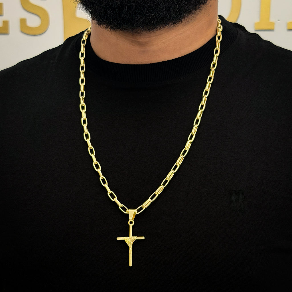 Corrente Meia Cana 6mm e Pingente Cruz Amarrada Banhado a Ouro 18K
